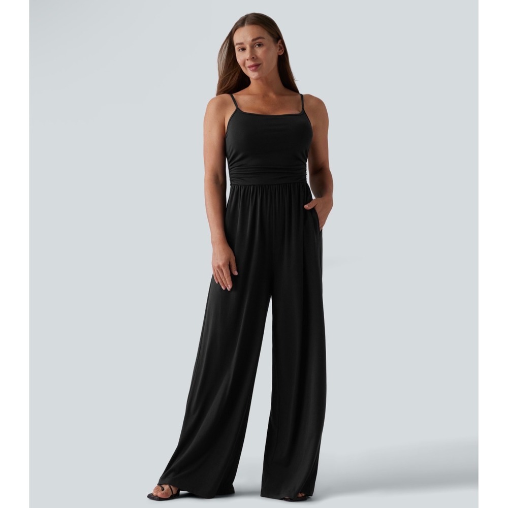 Halara Black Ruched Wide Leg Jumpsuit Adjustable Straps Pockets Large